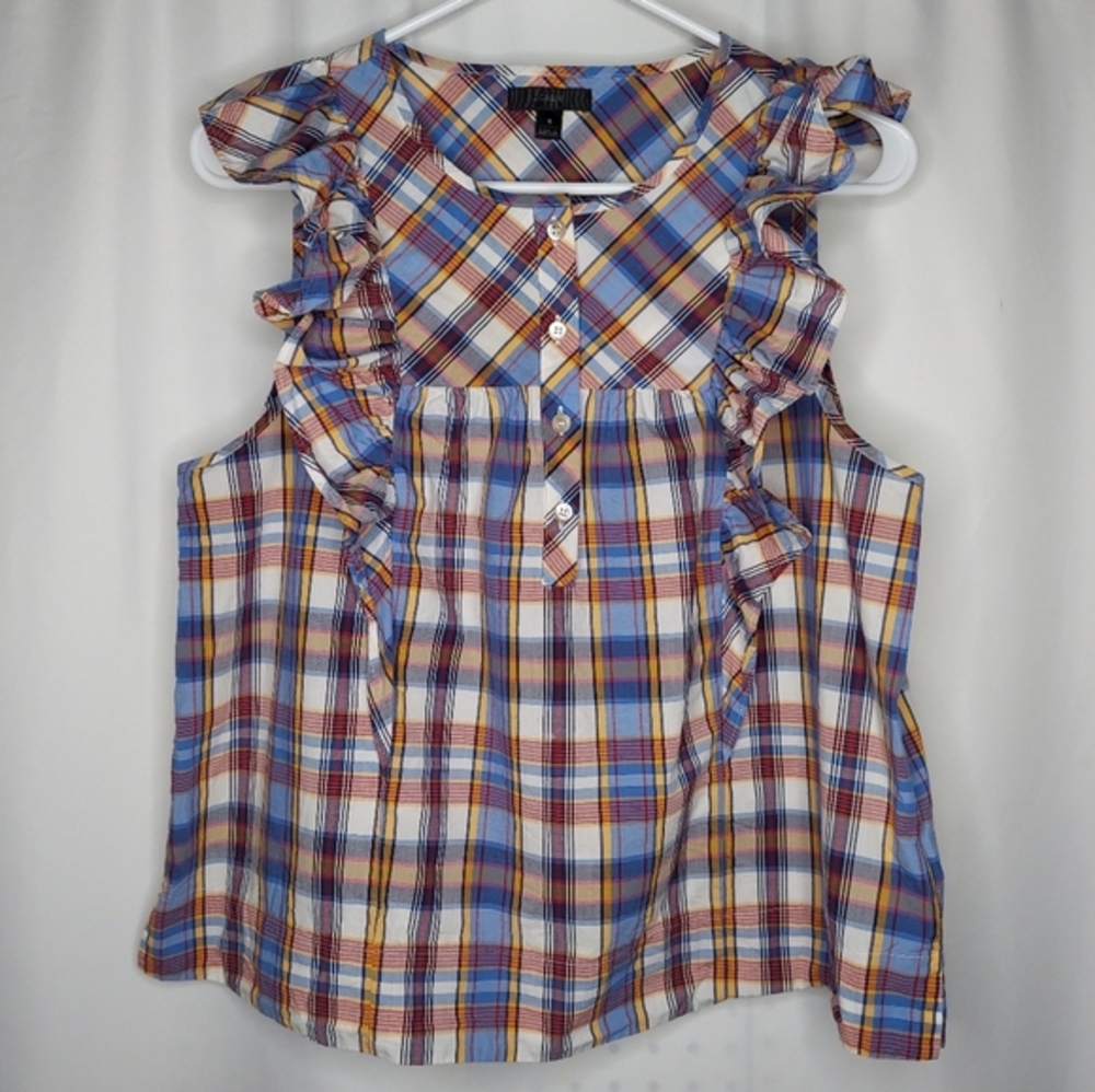 J. Crew Blue Yellow Red Plaid Ruffle Sleeveless Top